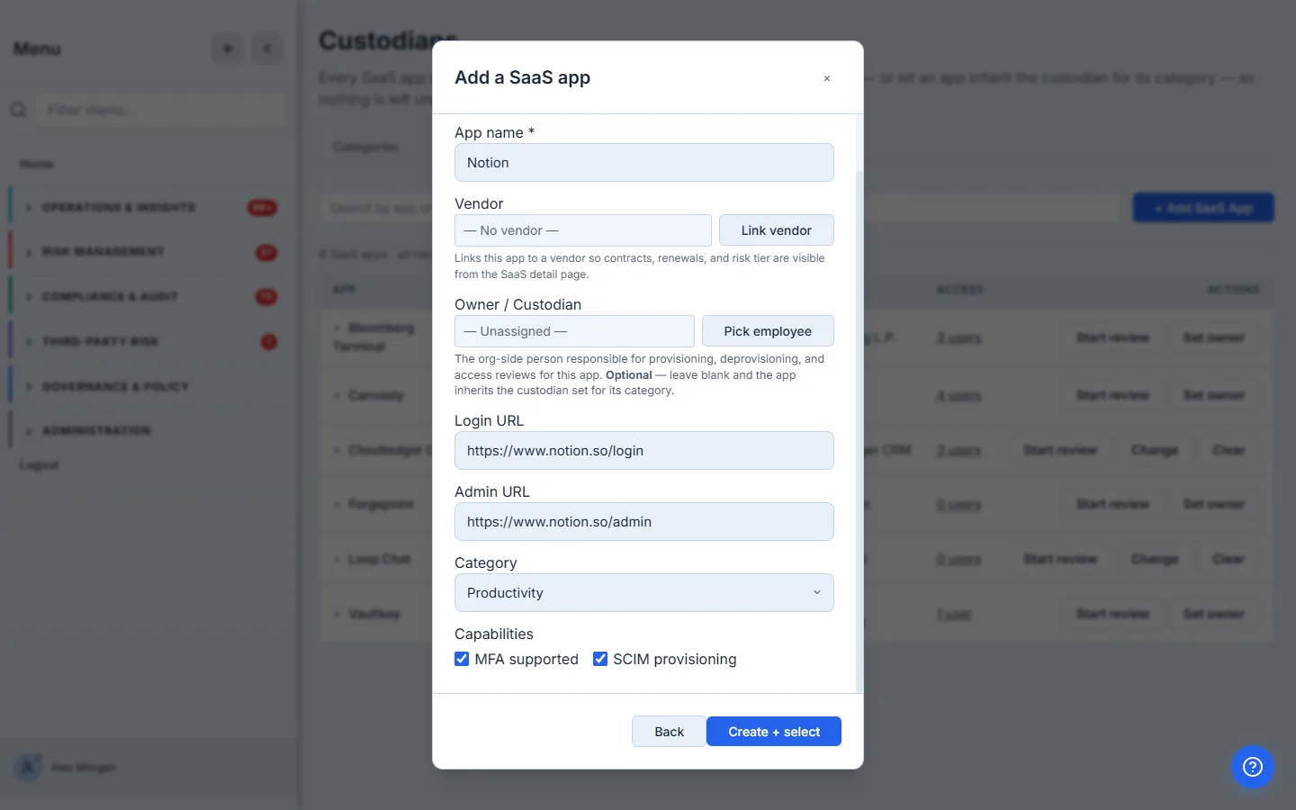 The create form — name, vendor, an Owner/Custodian picker, login/admin URLs, category, and MFA / SCIM capability flags. The Owner/Custodian field is optional; the helper text says it inherits from the category if left blank.