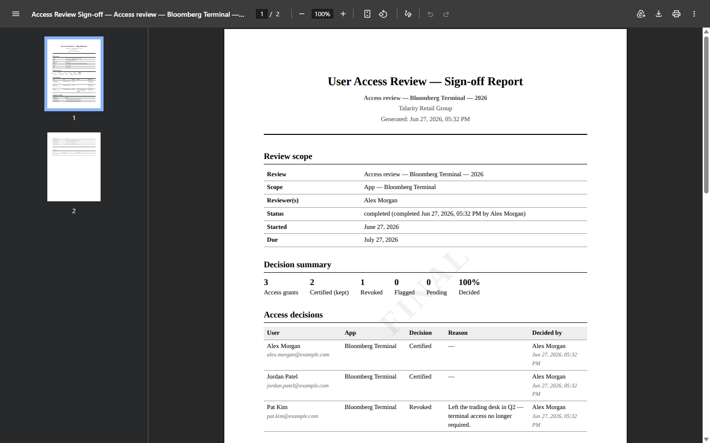 The User Access Review — Sign-off Report PDF for Bloomberg Terminal — review scope, decision summary (3 grants · 2 certified · 1 revoked · 100% decided), and an access-decisions table showing each user, decision, the revoke reason, and who decided it.