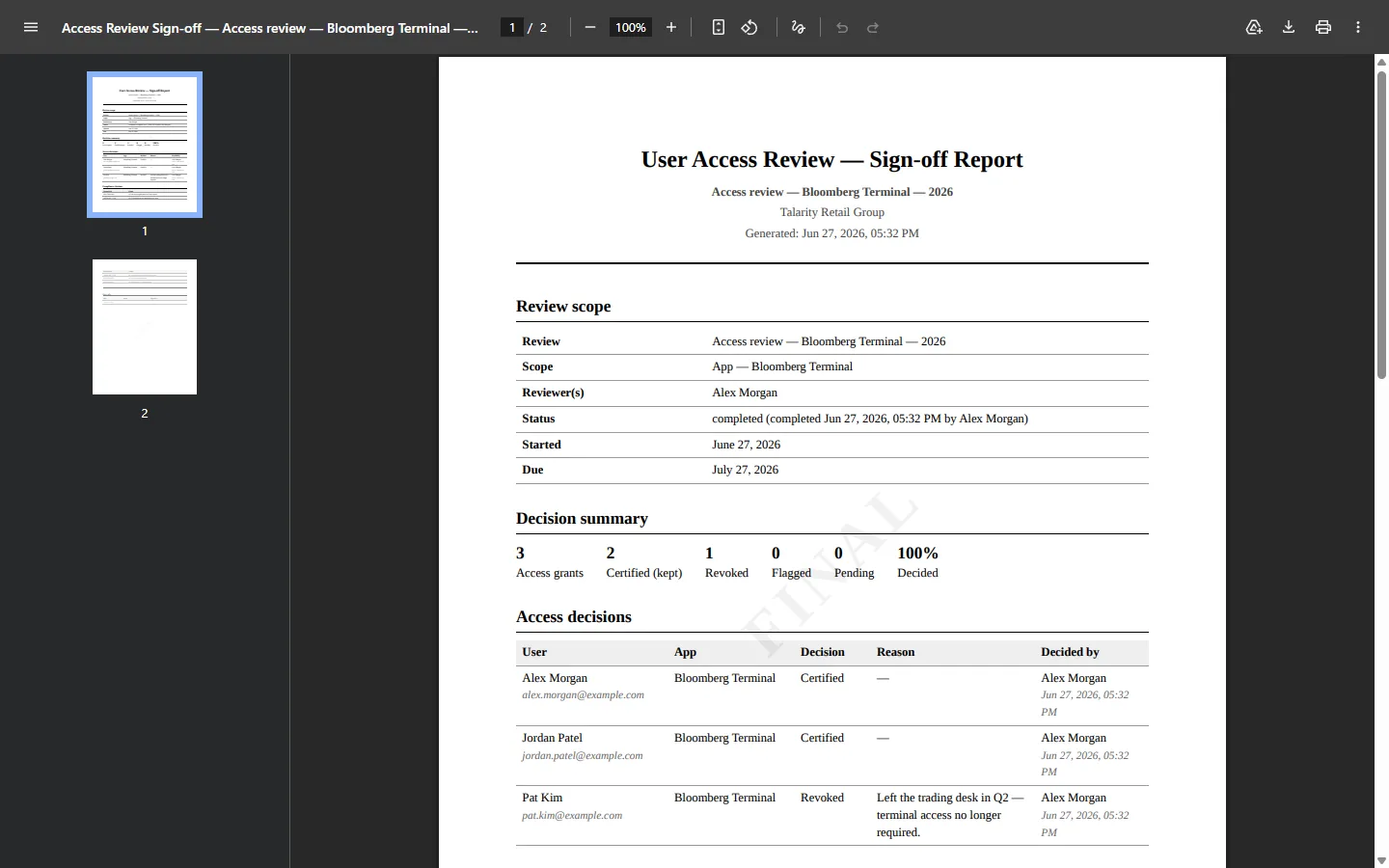 The User Access Review — Sign-off Report PDF for Bloomberg Terminal — review scope, decision summary (3 grants · 2 certified · 1 revoked · 100% decided), and an access-decisions table showing each user, decision, the revoke reason, and who decided it.