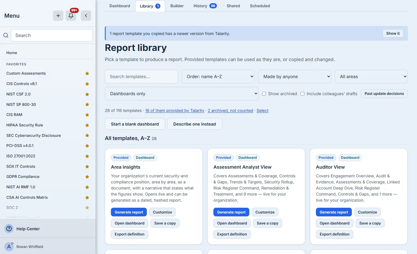 The report library filtered to Dashboards only and ordered by name: a row of dashboard cards, each offering Generate report, Customize, Open dashboard and Save a copy.