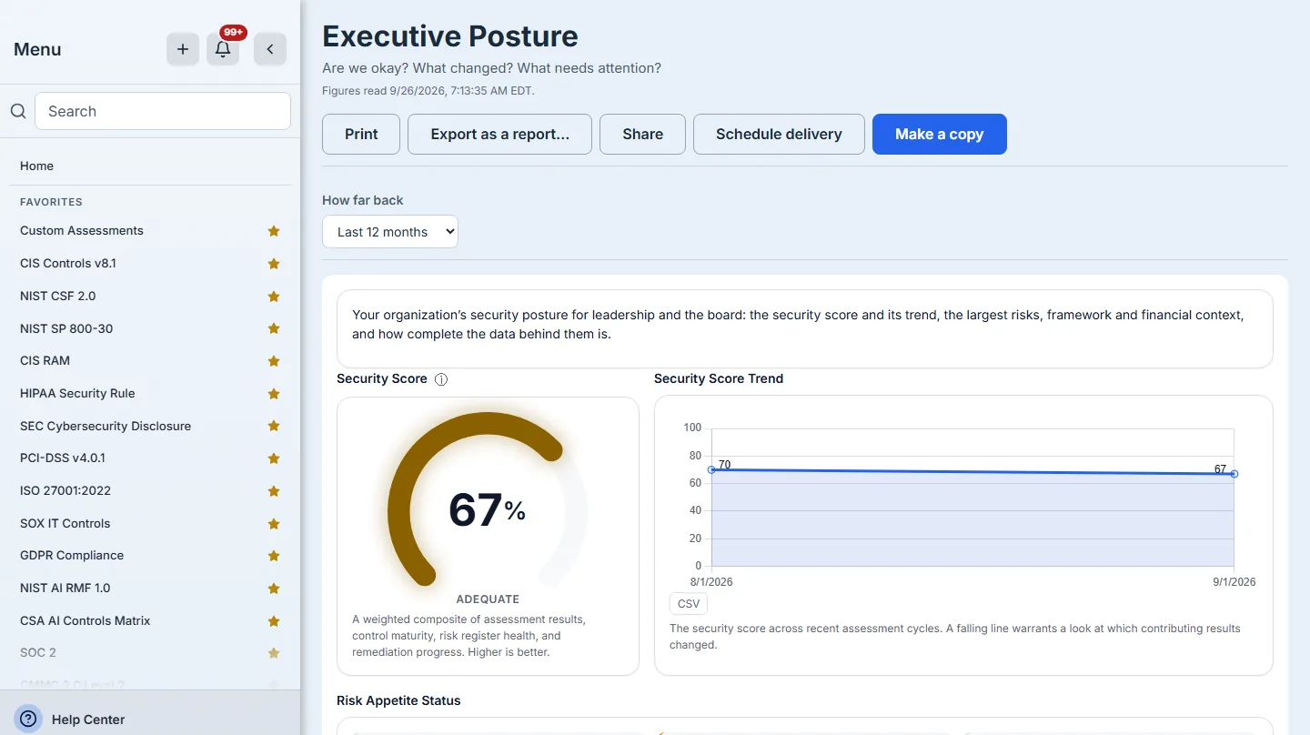 Executive Posture: its purpose line, "Figures read" with the time the data was read, the five header actions, the time-range control, and the security score with its trend.