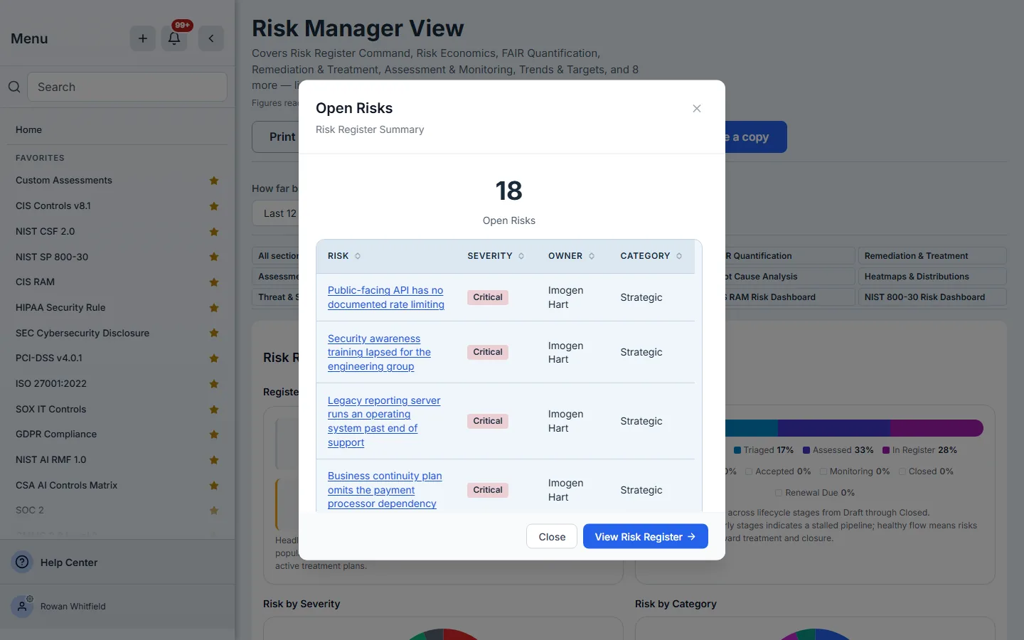 A figure opened: Open Risks, with the risks behind the count — each name opening its risk, with severity, owner and category — and View Risk Register.