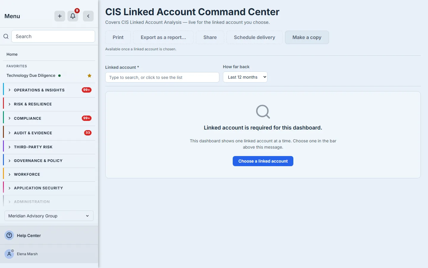 CIS Linked Account Command Center before an account is chosen: "Linked account is required for this dashboard." as a prompt rather than an error, Choose a linked account, and the header actions waiting for the account.