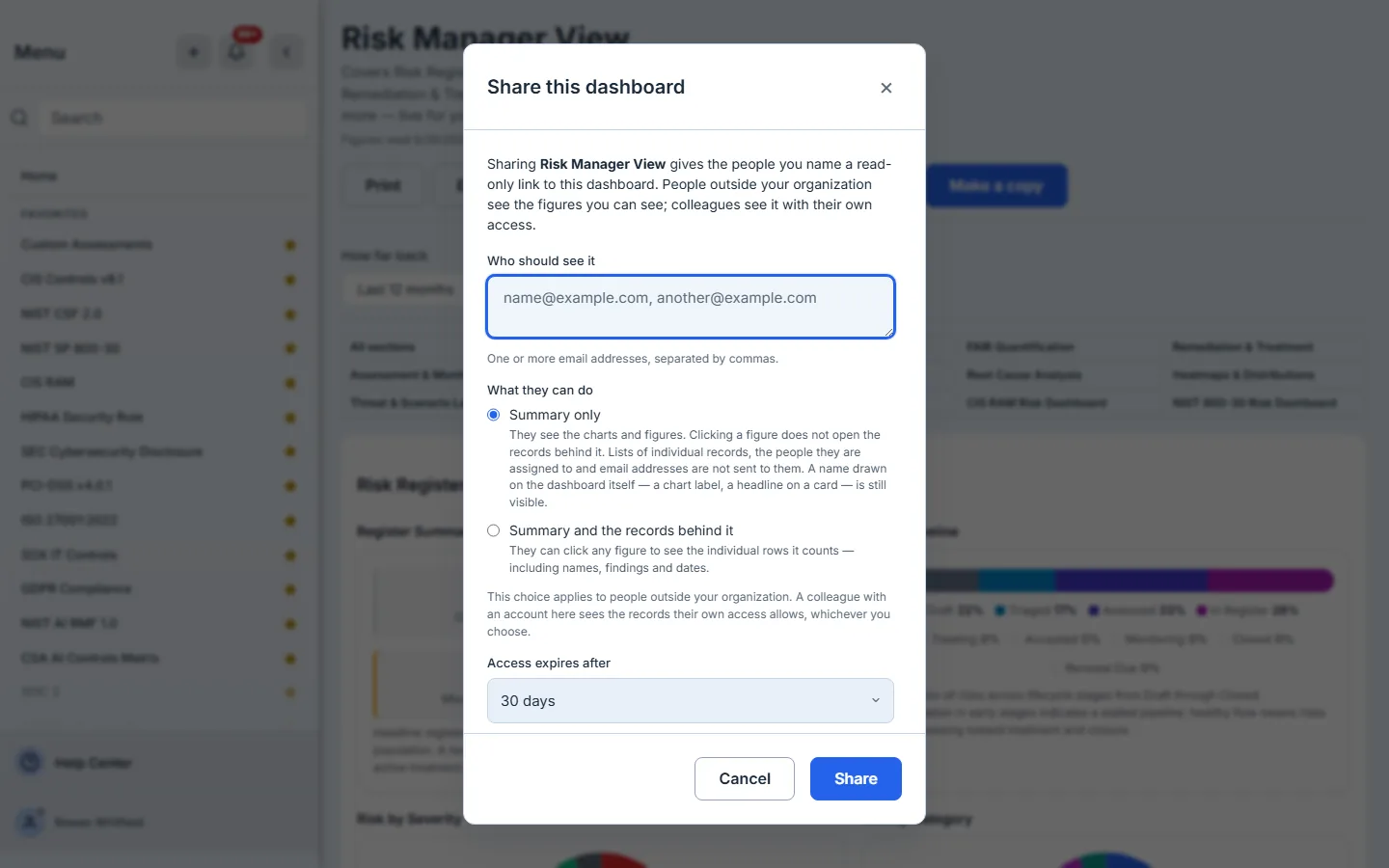 Share this dashboard: who should see it, what they can do — summary only, or the records behind each figure — and when access expires.