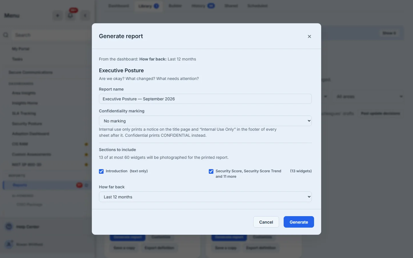 Export as a report opens the generate dialog for Executive Posture, carrying the time range from the page, with its sections named and the figures counted against the limit: 13 of at most 60.