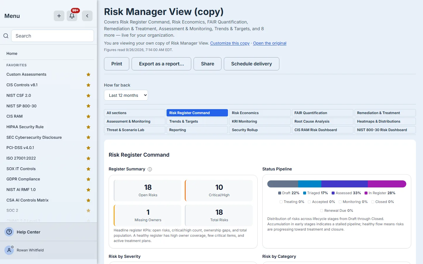 Your own copy of Risk Manager View: the note "You are viewing your own copy of Risk Manager View", with Open the original.