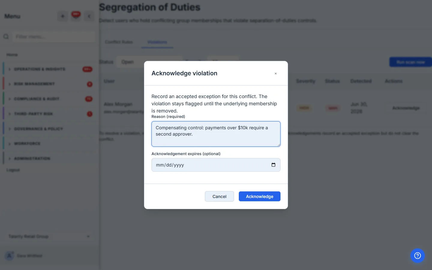 The Acknowledge dialog — a required reason and an optional expiry, with the explicit note that acknowledging does not clear the conflict.