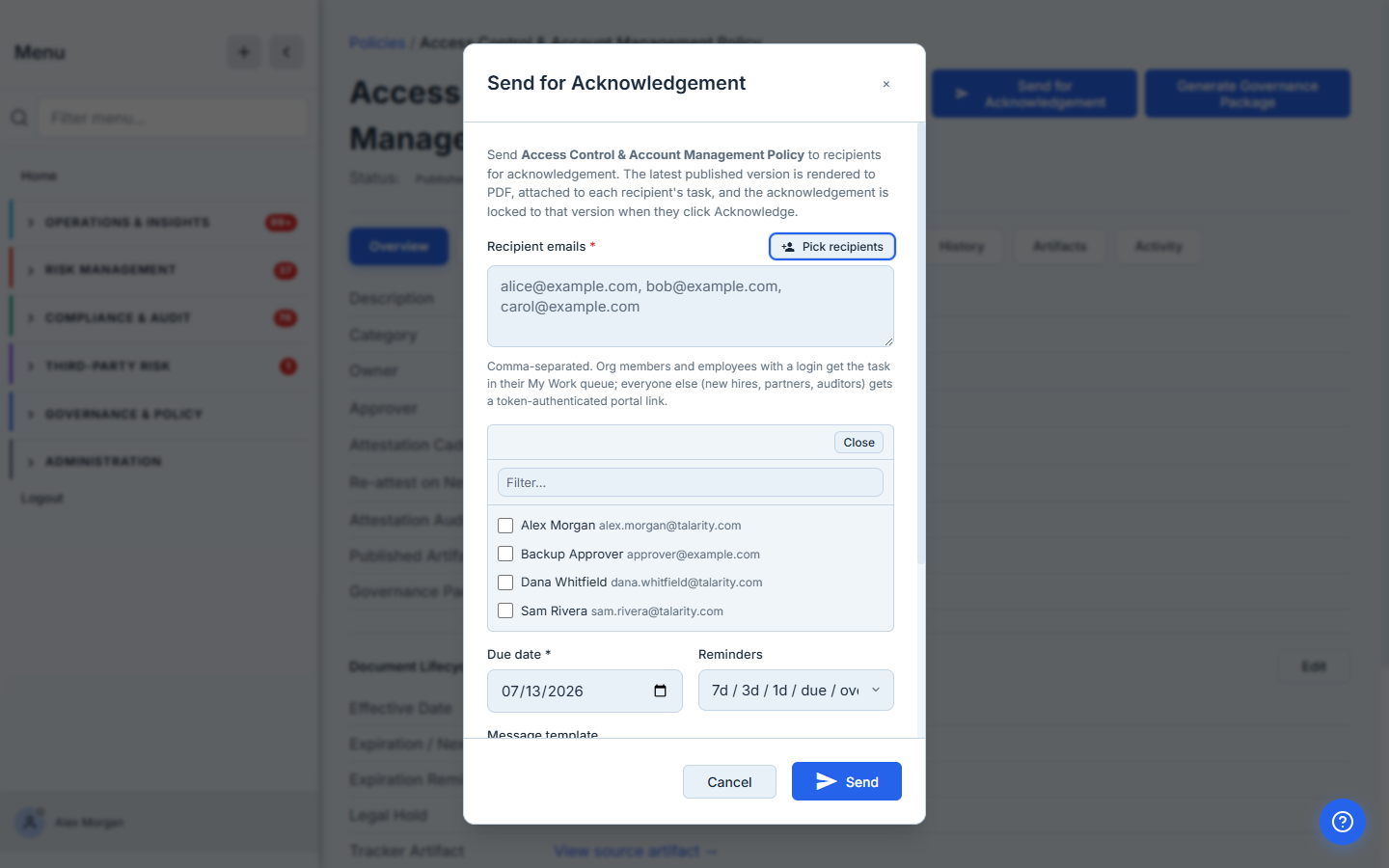 Send for Acknowledgement modal — picker expanded. Four org members listed with checkboxes: Alex Morgan, Backup Approver, Dana Whitfield, Sam Rivera (with their emails next to each). Filter input at the top, Close button on the right.
