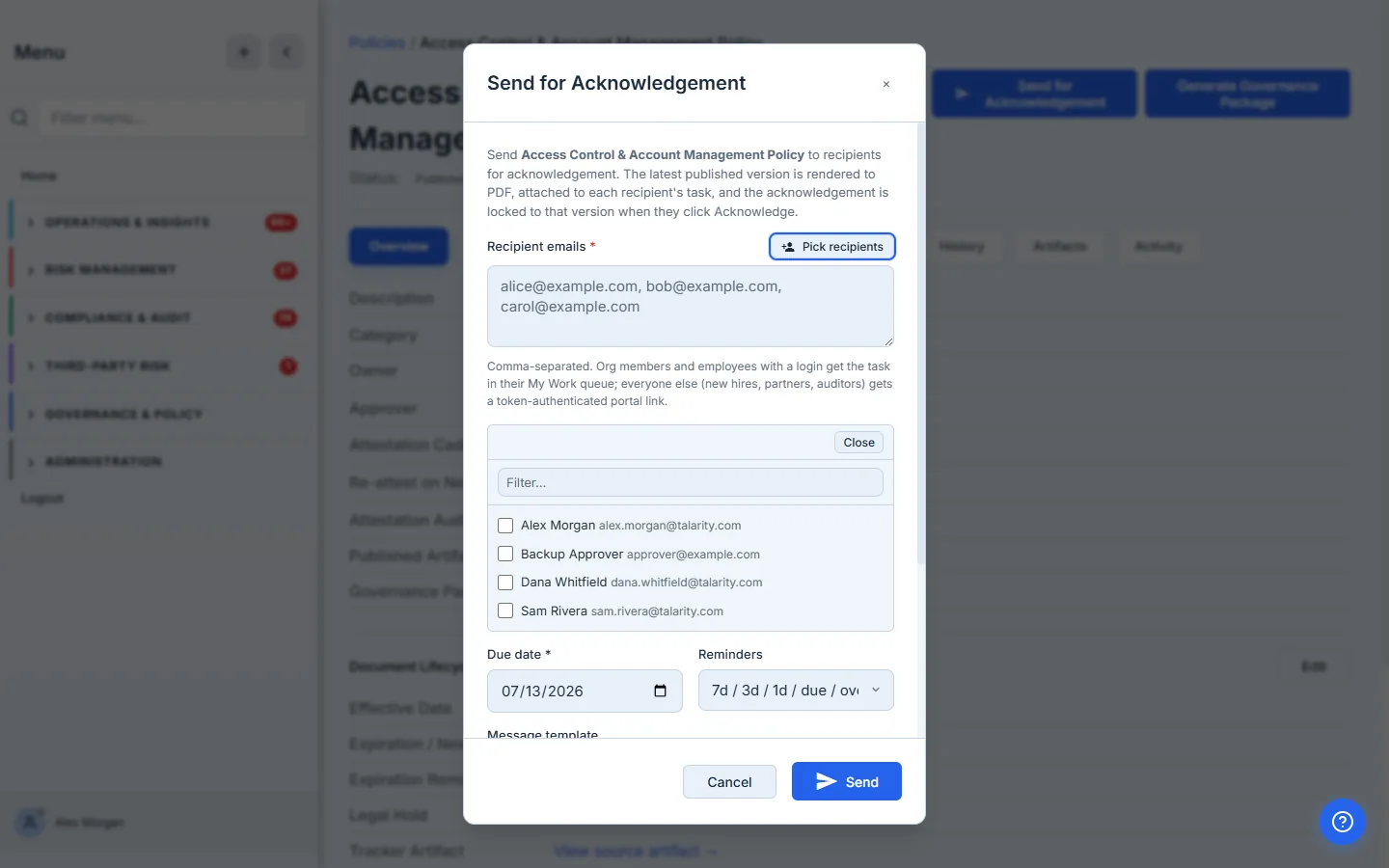 Send for Acknowledgement modal — picker expanded. Four org members listed with checkboxes: Alex Morgan, Backup Approver, Dana Whitfield, Sam Rivera (with their emails next to each). Filter input at the top, Close button on the right.