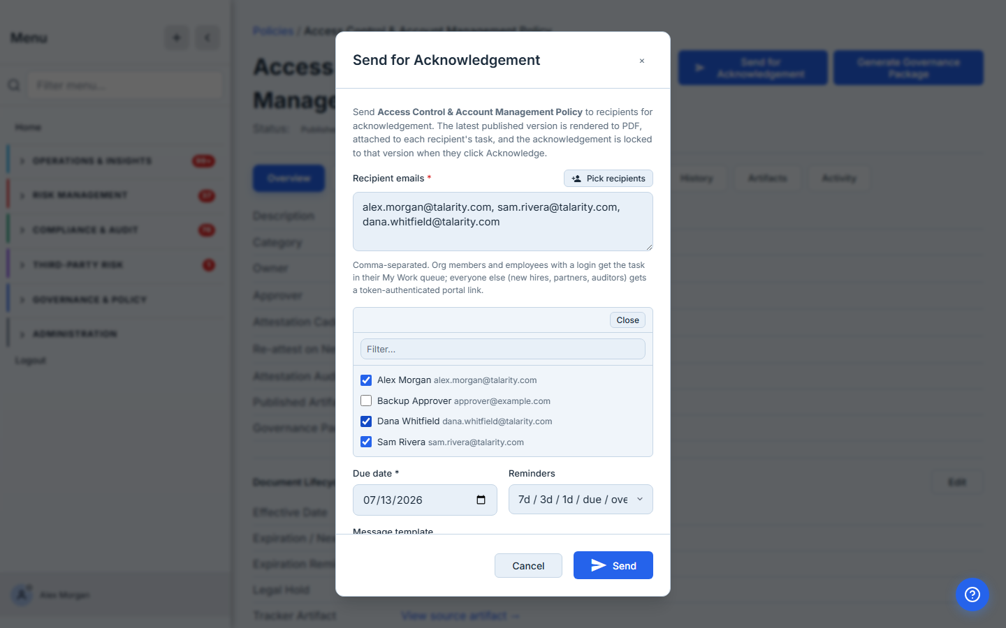 Picker with three rows checked (Alex Morgan, Sam Rivera, Dana Whitfield). The Recipient emails textarea now shows the three appended addresses in order, ready to extend with externals.