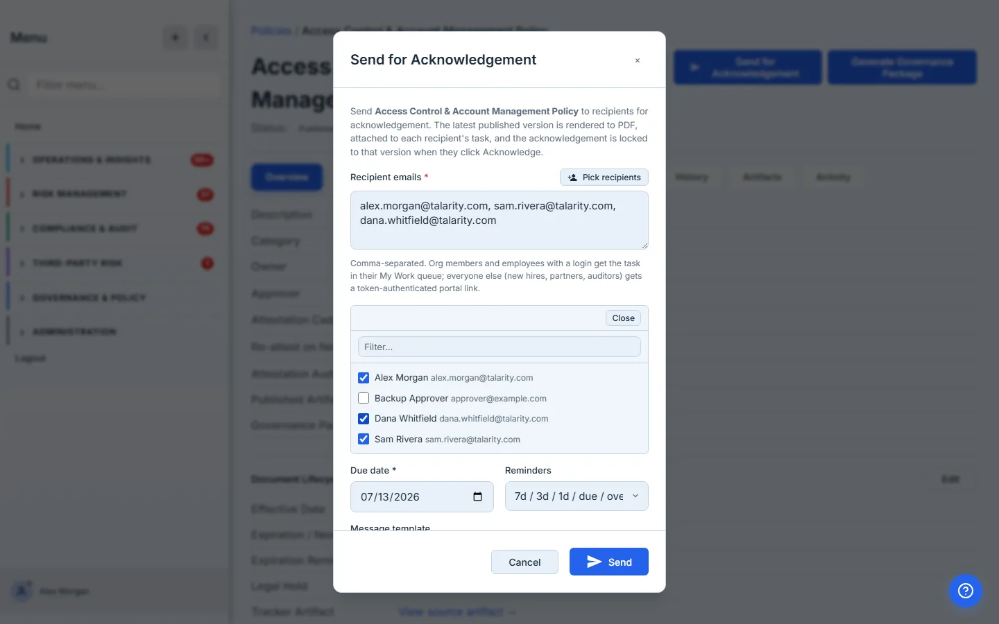 Picker with three rows checked (Alex Morgan, Sam Rivera, Dana Whitfield). The Recipient emails textarea now shows the three appended addresses in order, ready to extend with externals.