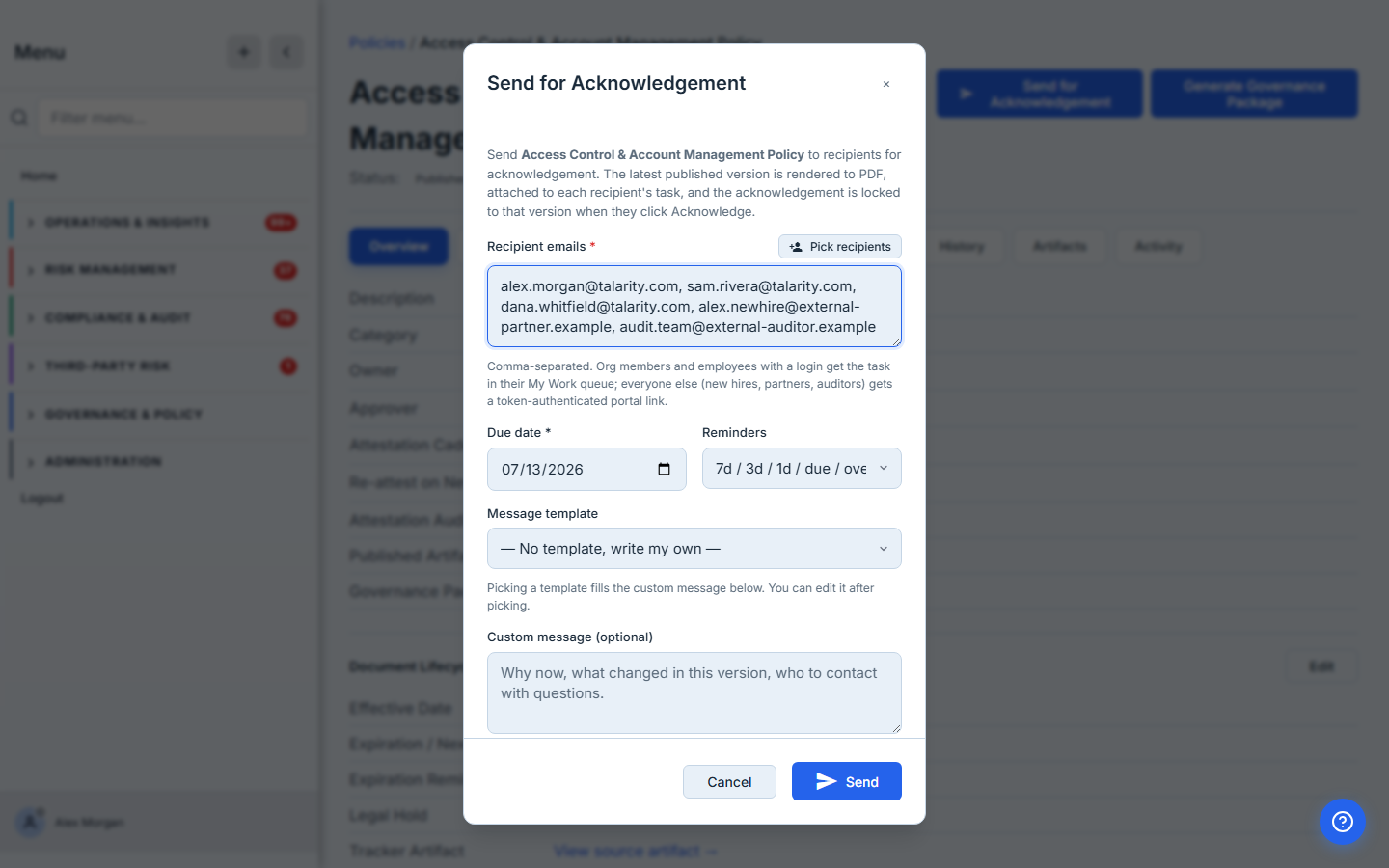 Recipient emails textarea with the three internal members from the picker plus two externals typed directly — alex.newhire@external-partner.example and audit.team@external-auditor.example. The hint under the field calls out the split: org members get the My Work task; externals get the token portal.