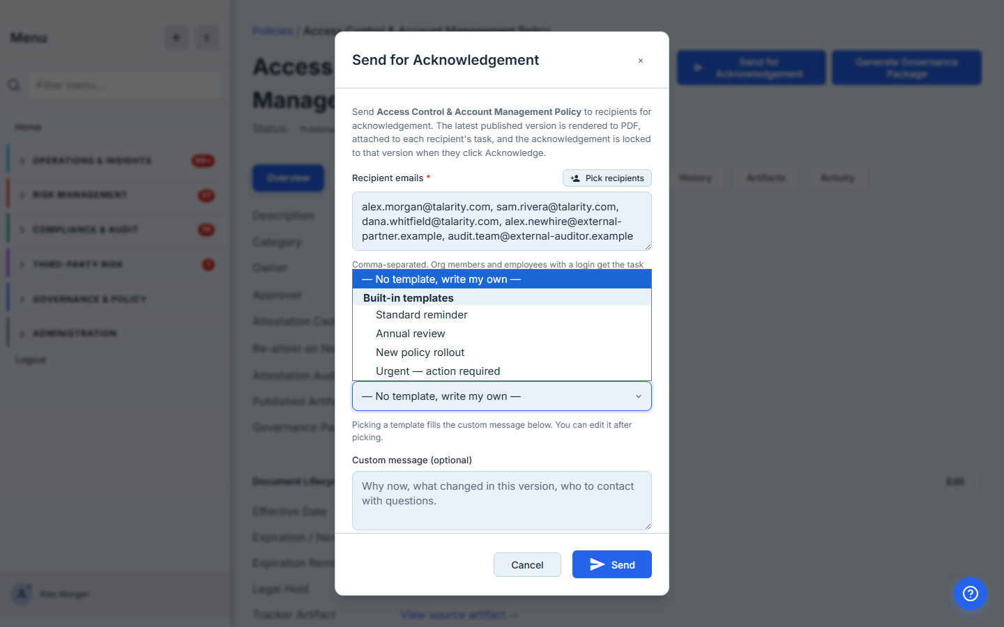 Message template dropdown open showing "— No template, write my own —" (selected) plus a Built-in templates optgroup with Standard reminder, Annual review, New policy rollout, Urgent — action required.