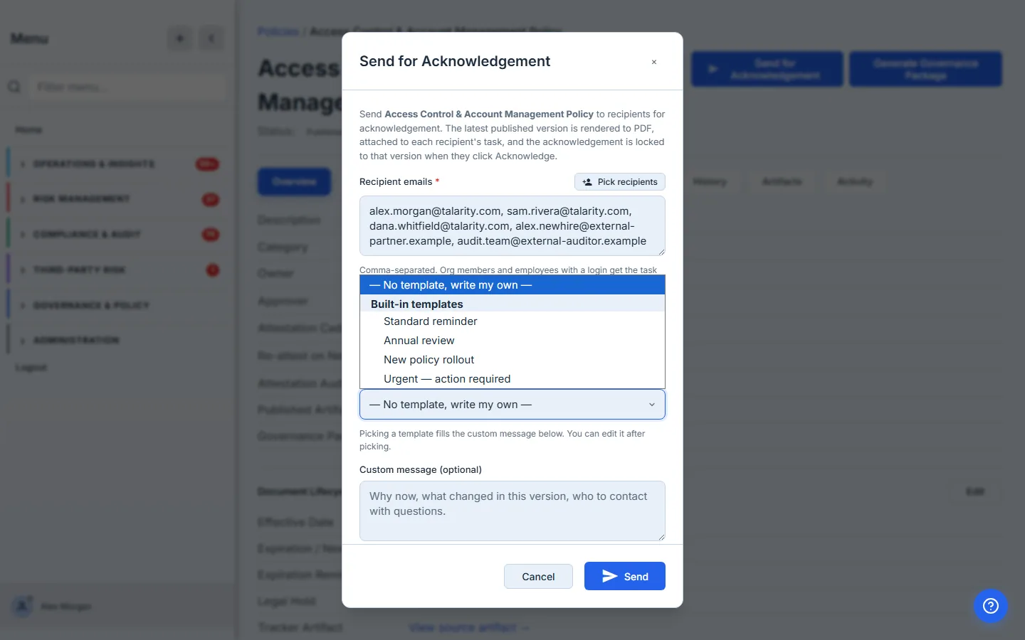 Message template dropdown open showing "— No template, write my own —" (selected) plus a Built-in templates optgroup with Standard reminder, Annual review, New policy rollout, Urgent — action required.
