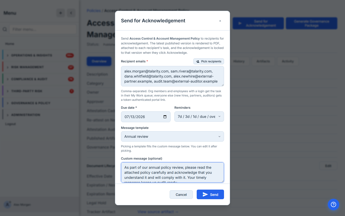 Annual review template selected — the dropdown shows "Annual review" selected; the Custom message field below is populated with the template body, ready to edit if needed.
