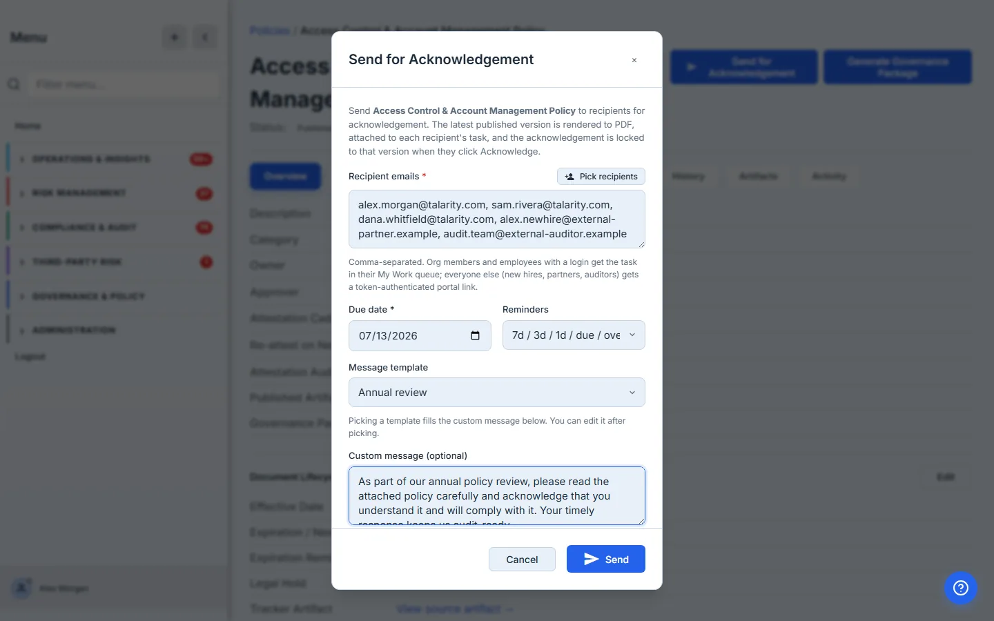 Annual review template selected — the dropdown shows "Annual review" selected; the Custom message field below is populated with the template body, ready to edit if needed.