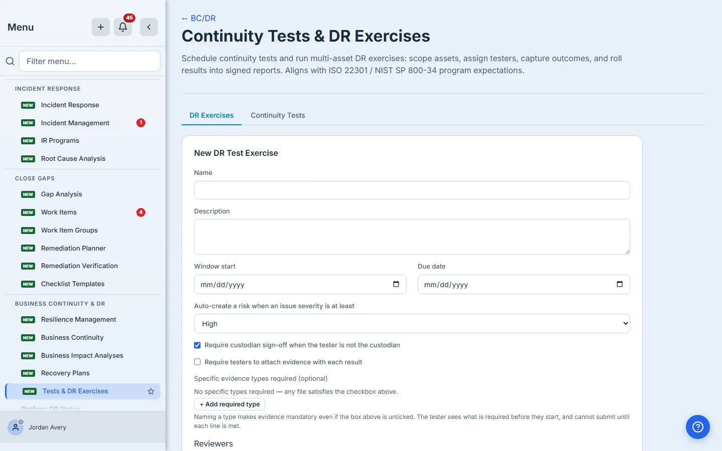 The new-exercise form — name, description, window, and the settings that drive the automation.