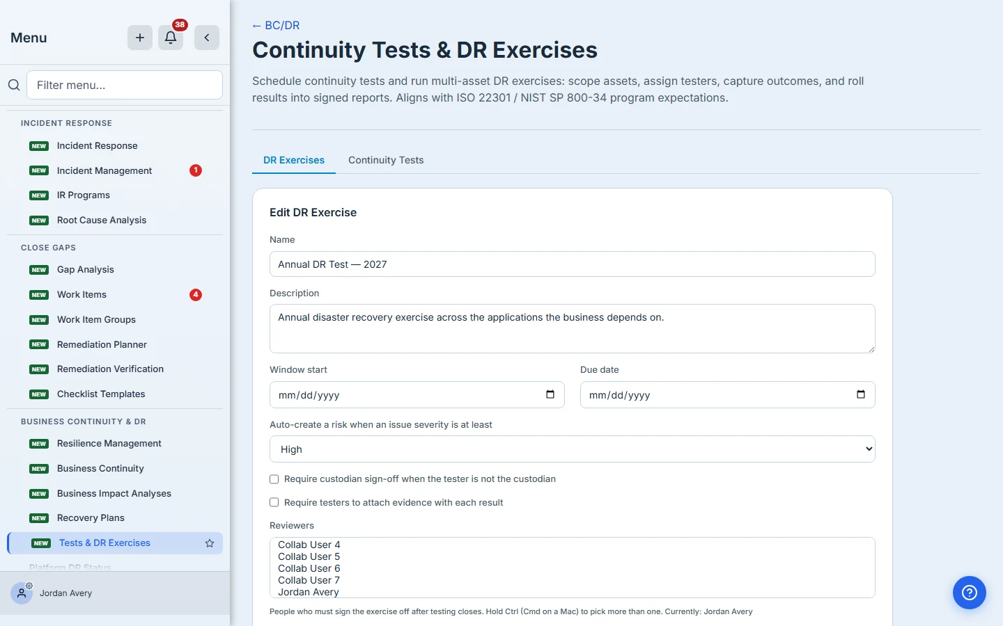 Reviewers are picked from your directory — closing testing hands the exercise to them.