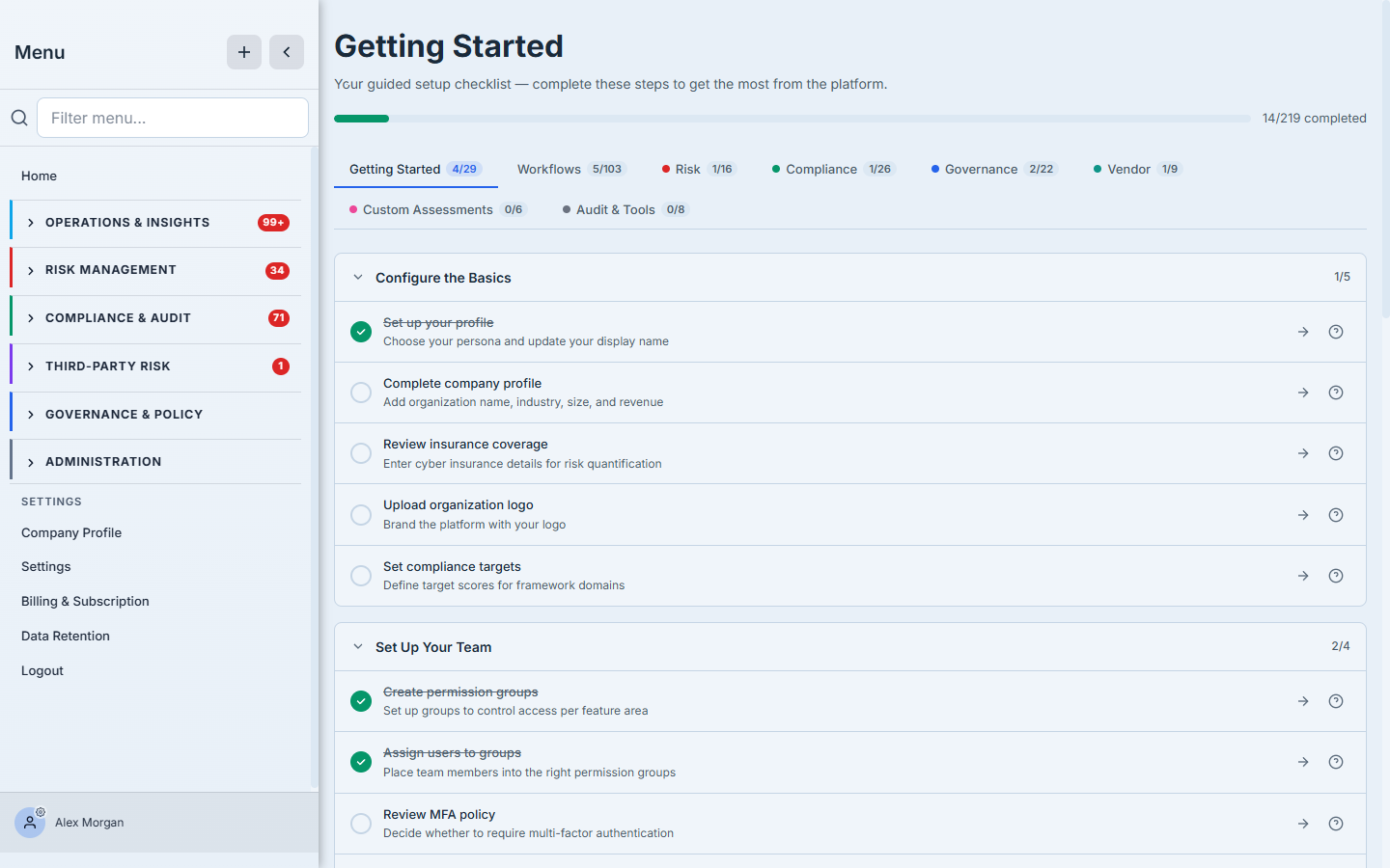 The Getting Started checklist — a completion bar, module tabs each with their own progress, and a "Configure the Basics" section (set up profile, complete company profile, review insurance, upload logo, set compliance targets) over a "Set Up Your Team" section.