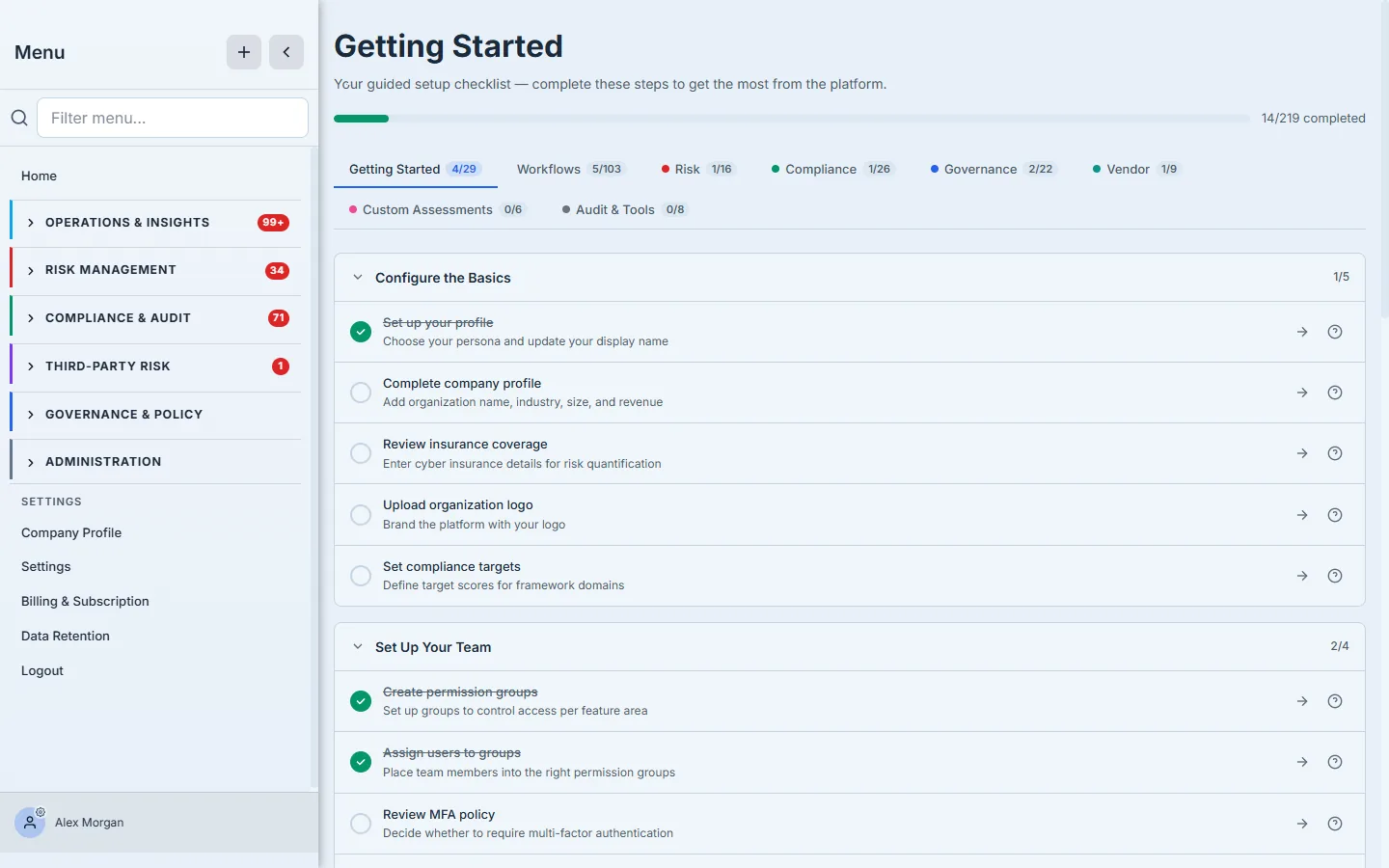 The Getting Started checklist — a completion bar, module tabs each with their own progress, and a "Configure the Basics" section (set up profile, complete company profile, review insurance, upload logo, set compliance targets) over a "Set Up Your Team" section.