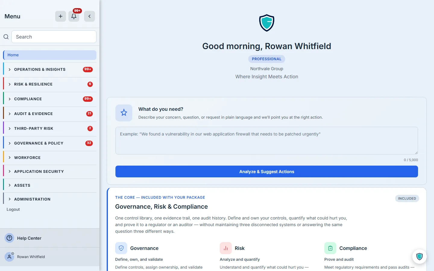 Home for Northvale Group — a "Good morning, Rowan Whitfield" greeting under the org name and a PROFESSIONAL tier badge, then the Quick Start panel: "What do you need?", a plain-language description field showing an example about patching a web application firewall, a 0 / 5,000 character count, and an "Analyze & Suggest Actions" button. Below it the "Governance, Risk & Compliance" core card, and on the left the module sidebar with per-area counts.