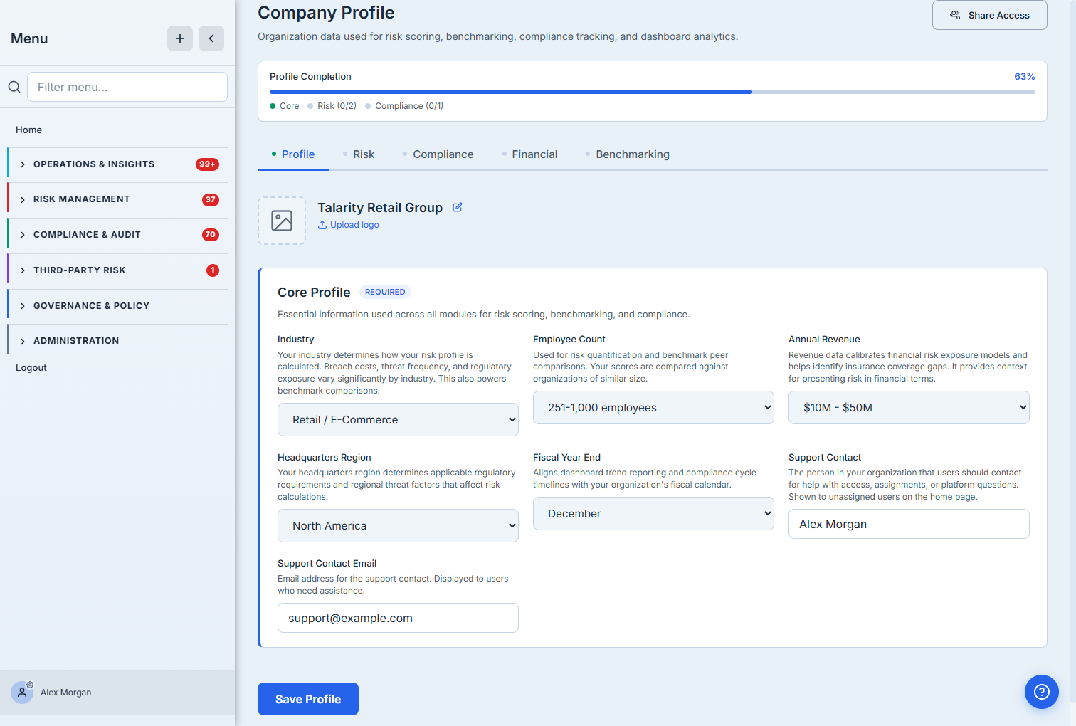 The Company Profile form — Core Profile fields (Industry "Retail / E-Commerce", Employee Count, Annual Revenue, Headquarters Region "North America", Fiscal Year End) for "Talarity Retail Group", with a Profile Completion meter broken into Core / Risk / Compliance.