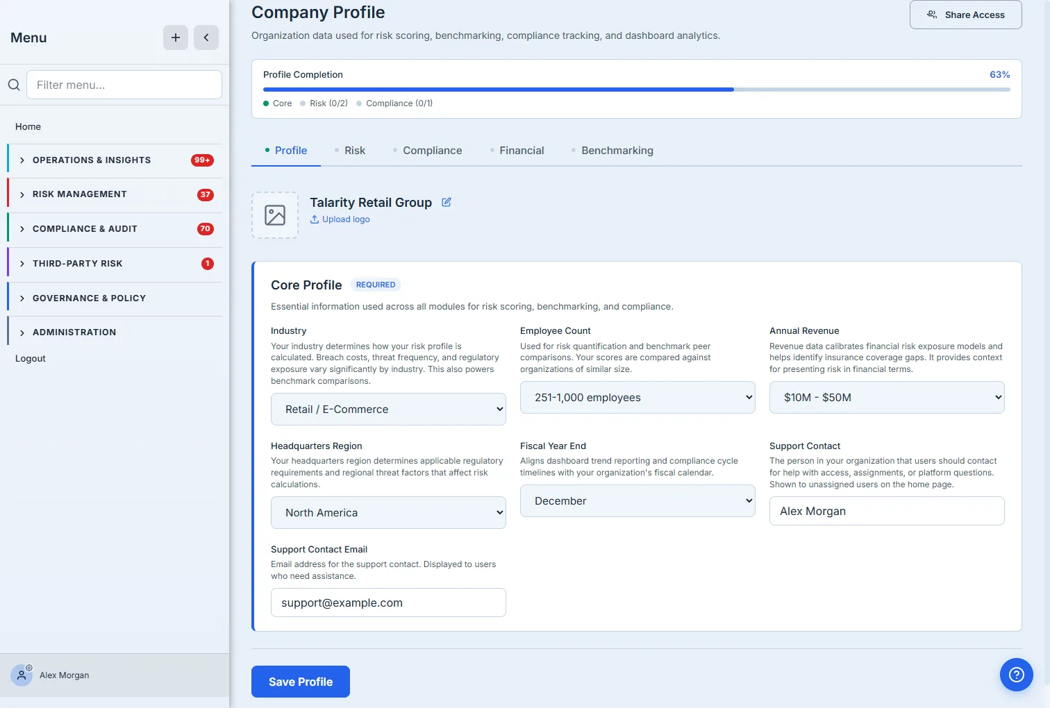 The Company Profile form — Core Profile fields (Industry "Retail / E-Commerce", Employee Count, Annual Revenue, Headquarters Region "North America", Fiscal Year End) for "Talarity Retail Group", with a Profile Completion meter broken into Core / Risk / Compliance.
