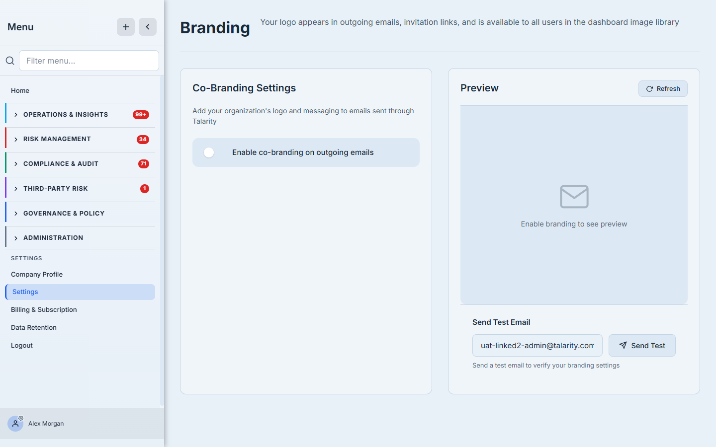 The Branding settings — Co-Branding Settings with an "Enable co-branding on outgoing emails" toggle, a live email Preview pane, and a Send Test Email field.