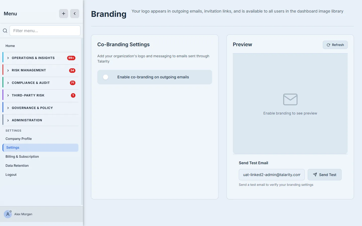 The Branding settings — Co-Branding Settings with an "Enable co-branding on outgoing emails" toggle, a live email Preview pane, and a Send Test Email field.