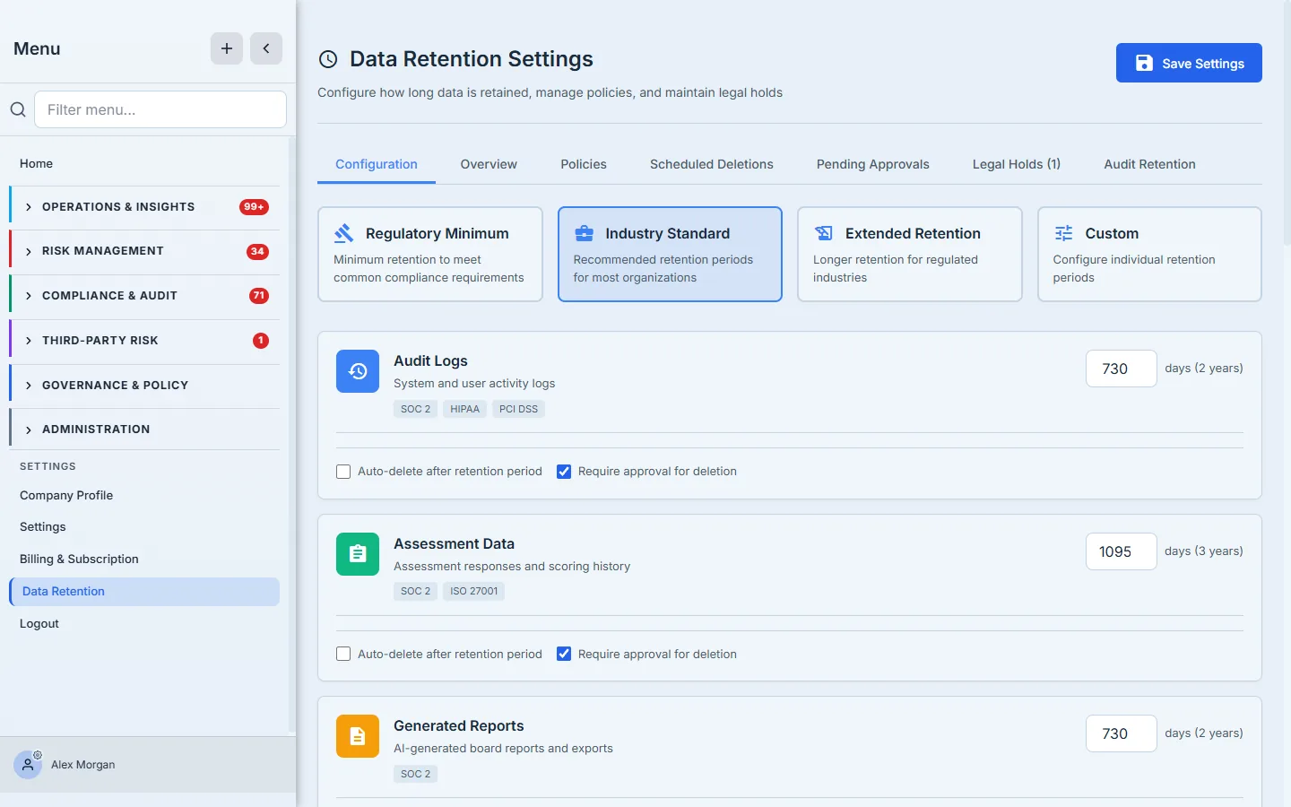 Data Retention Settings — Industry Standard preset selected, with per-category retention (Audit Logs 730 days, Assessment Data 1,095 days, Generated Reports 730 days), framework tags (SOC 2, HIPAA, PCI DSS, ISO 27001), and require-approval-for-deletion toggles.