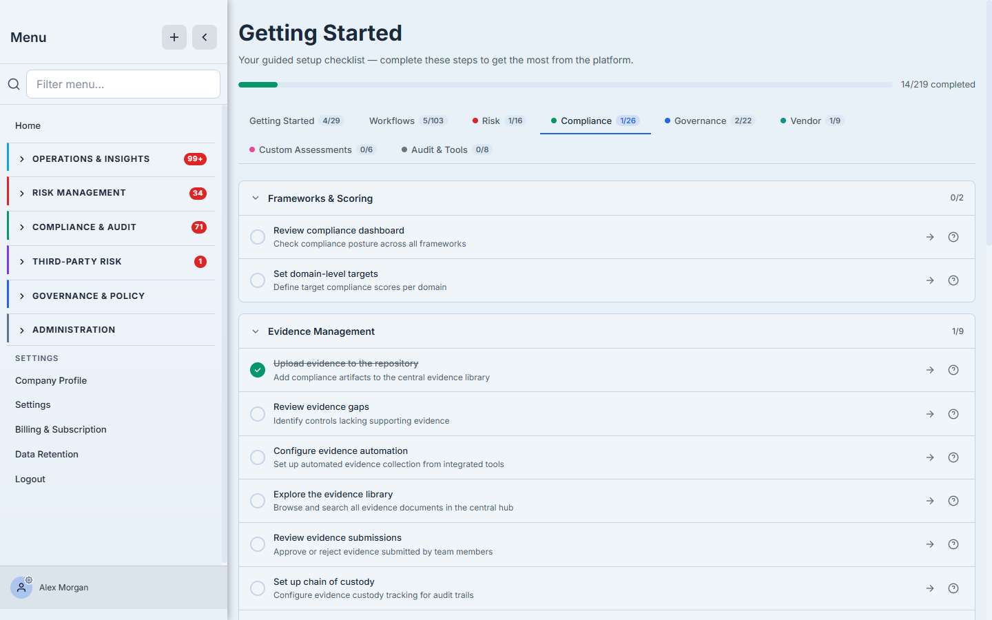 The Getting Started checklist on the Compliance module tab — the per-module onboarding steps that bring a specific capability online.