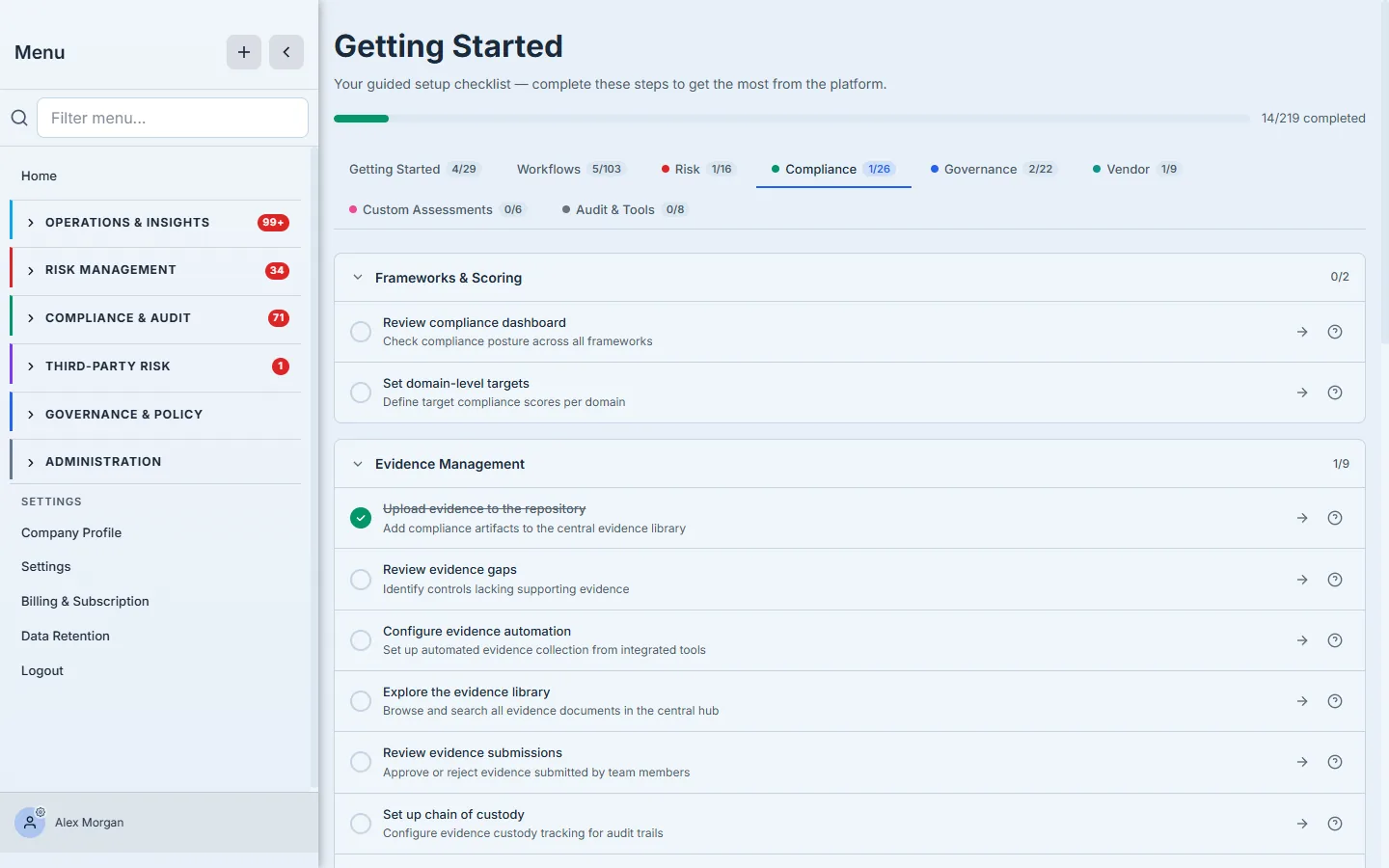 The Getting Started checklist on the Compliance module tab — the per-module onboarding steps that bring a specific capability online.