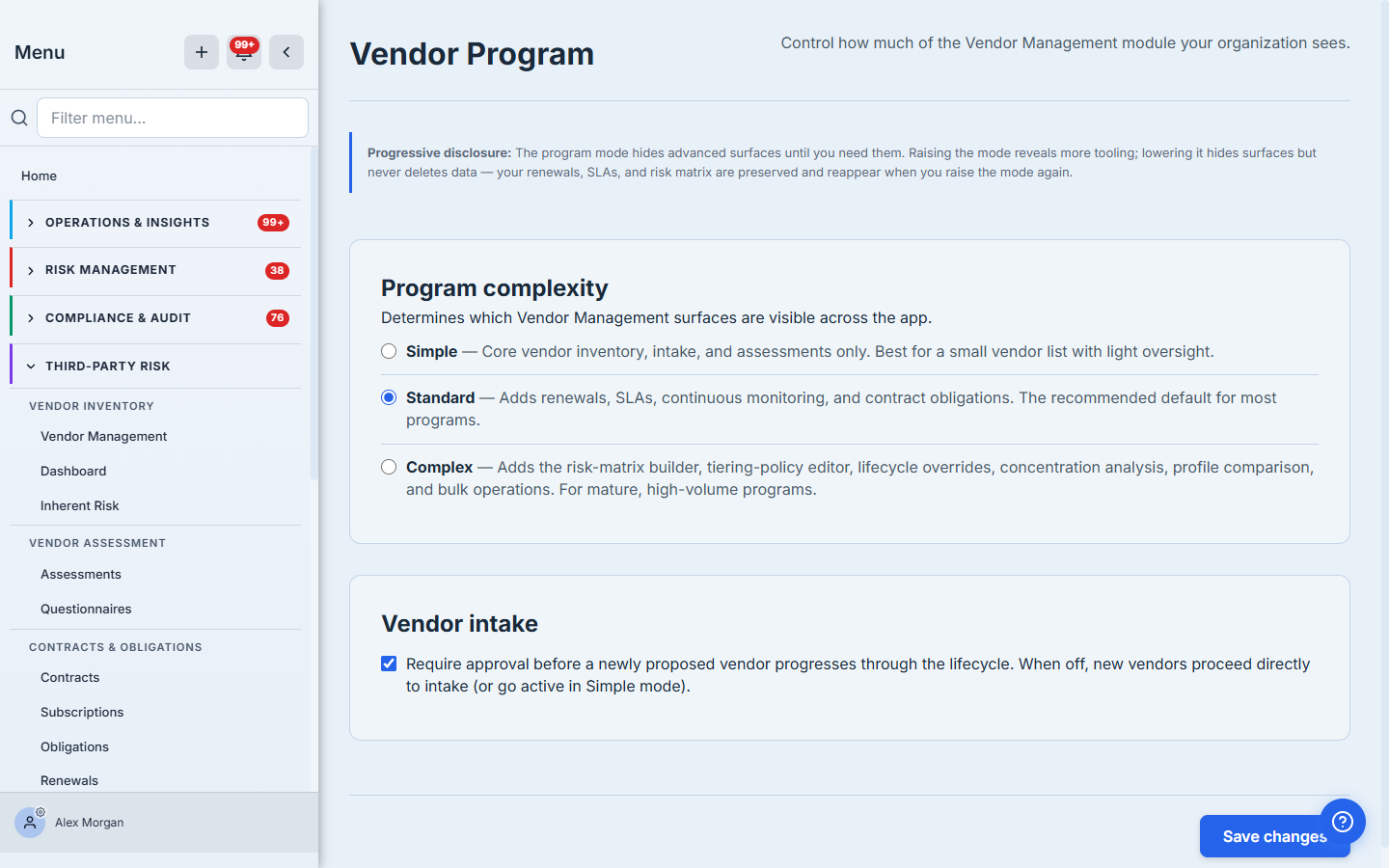 Vendor Program settings — the progressive-disclosure notice, the three complexity modes, and the vendor-intake gate, with the Third-Party Risk sidebar reflecting the current Standard mode.