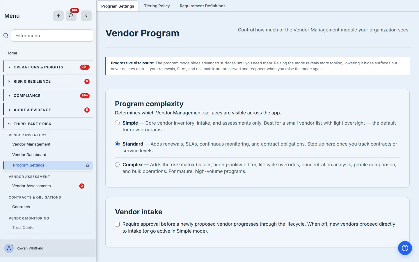 Vendor Program settings — the progressive-disclosure notice, the three complexity modes, and the vendor-intake gate, with the Third-Party Risk sidebar reflecting the current Standard mode.