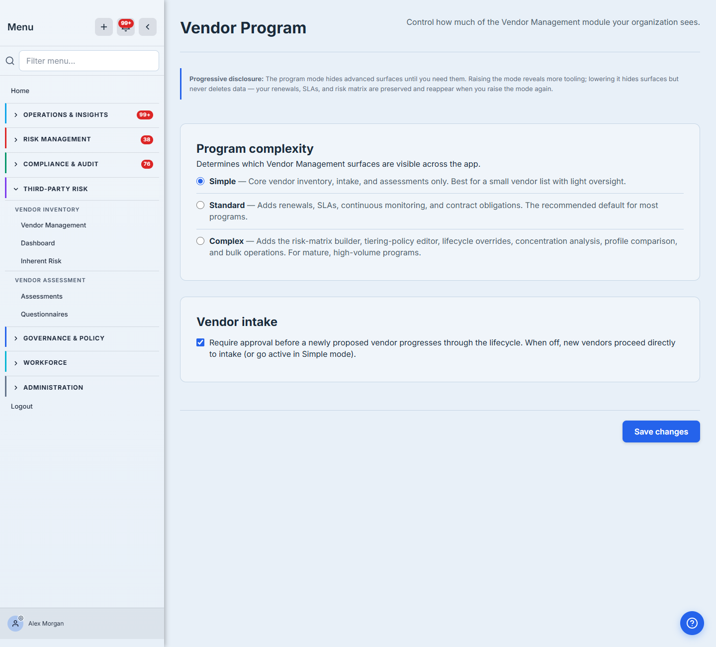 Third-Party Risk sidebar in Simple mode — only Vendor Inventory and Vendor Assessment are shown.