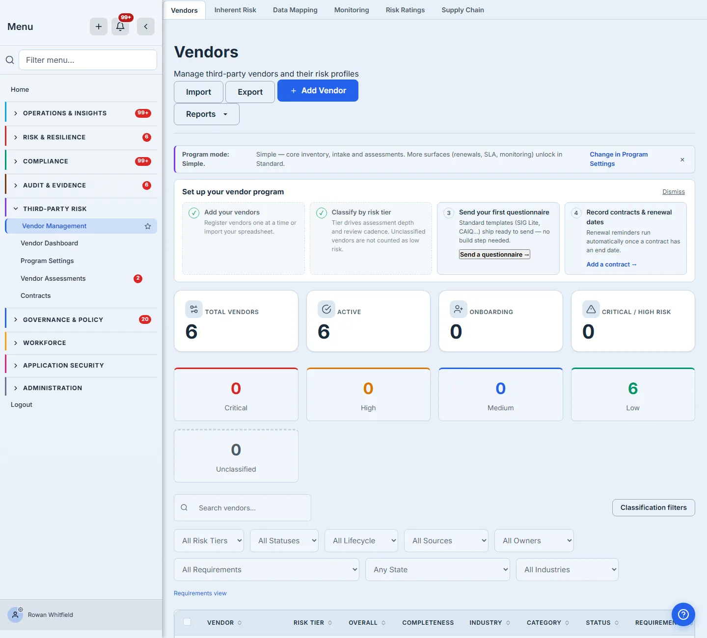 Third-Party Risk nav in Simple mode — five rows, with the section headings dropped because the list is short enough not to need them.