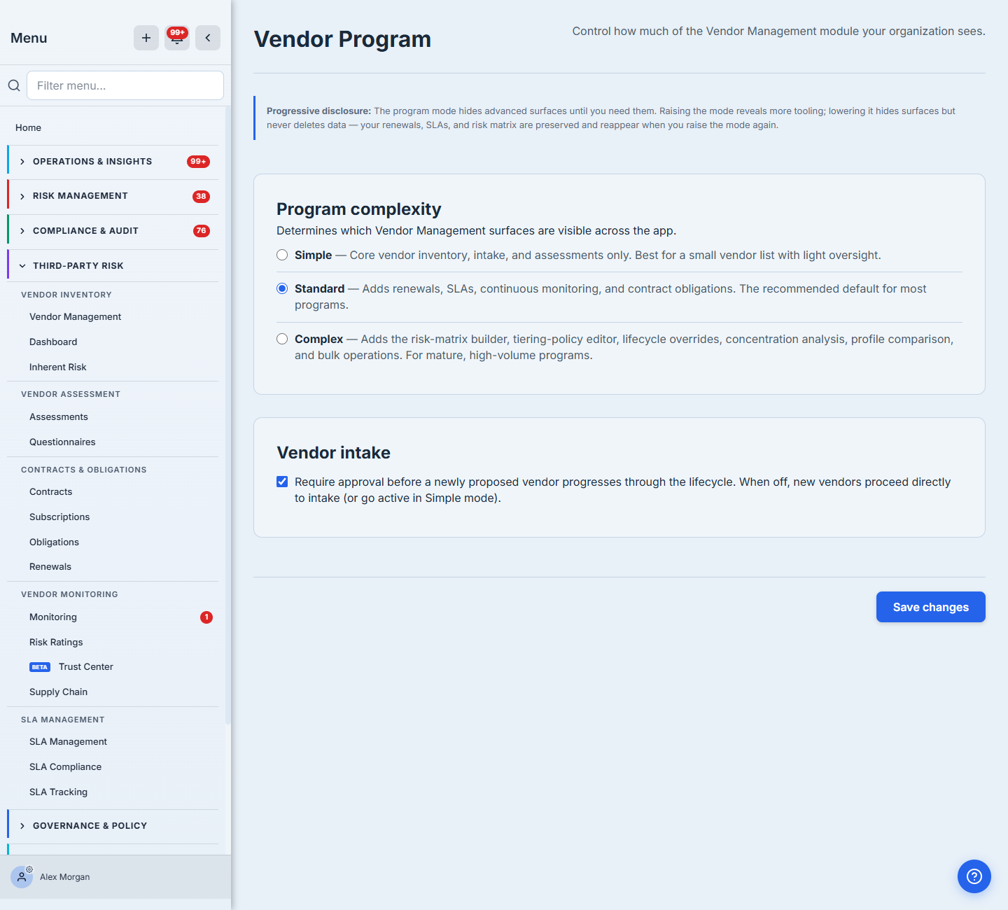 Third-Party Risk sidebar in Standard mode — all five sections appear, but the Risk Matrix inside Vendor Assessment stays hidden (Complex-only).