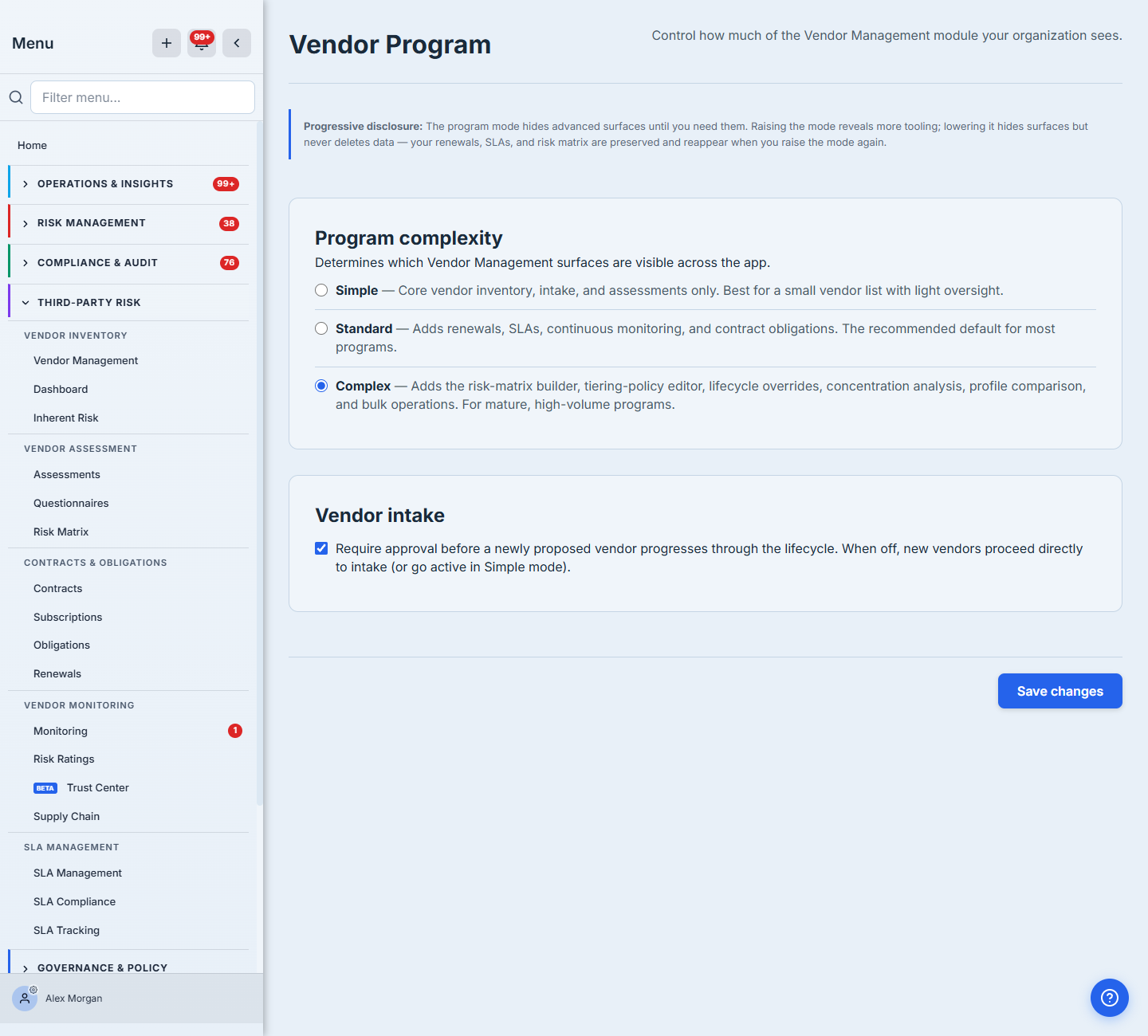 Third-Party Risk sidebar in Complex mode — Risk Matrix now appears under Vendor Assessment alongside all five sections.