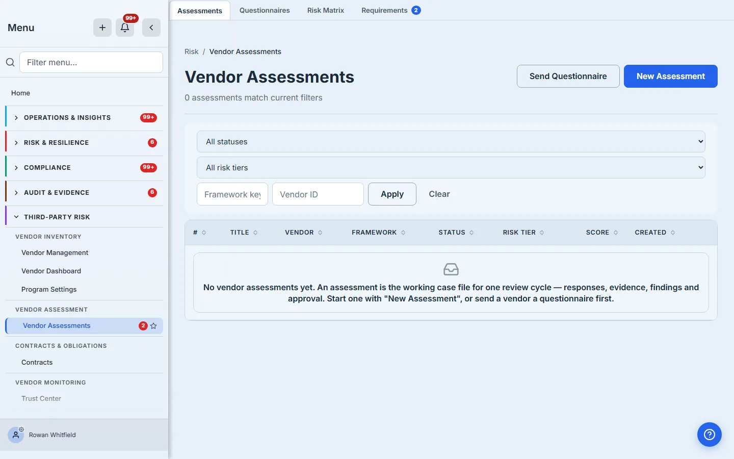 Complex mode — the sidebar is identical to Standard; the only difference is in the tab strip, where Risk Matrix now sits between Questionnaires and Requirements.