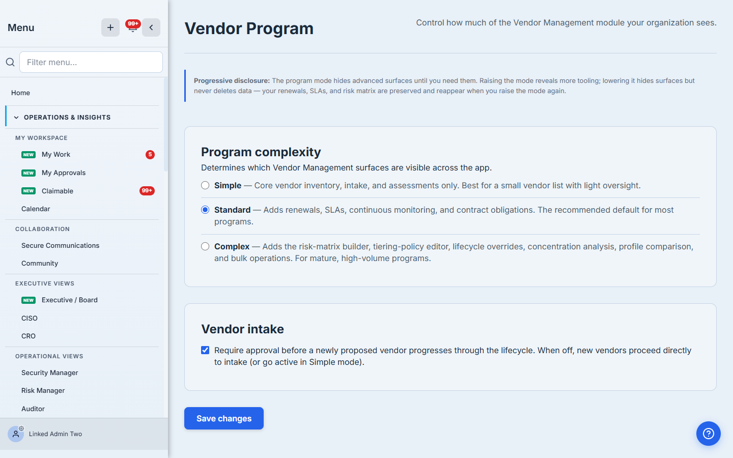 Vendor intake — the require-approval checkbox is on, with the full explanation of what changes when it's enabled.