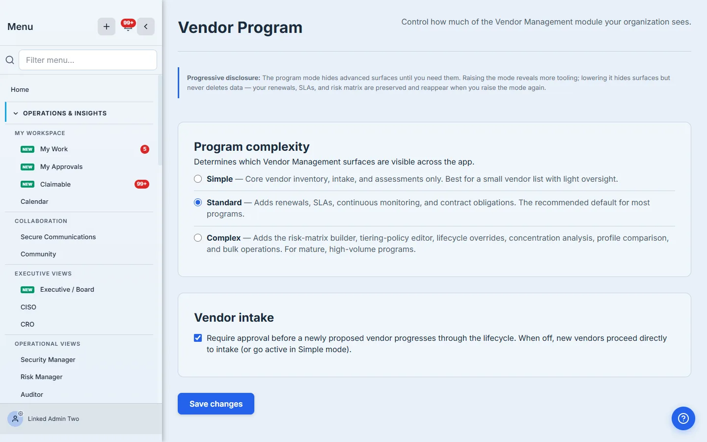 Vendor intake — the require-approval checkbox is on, with the full explanation of what changes when it's enabled.