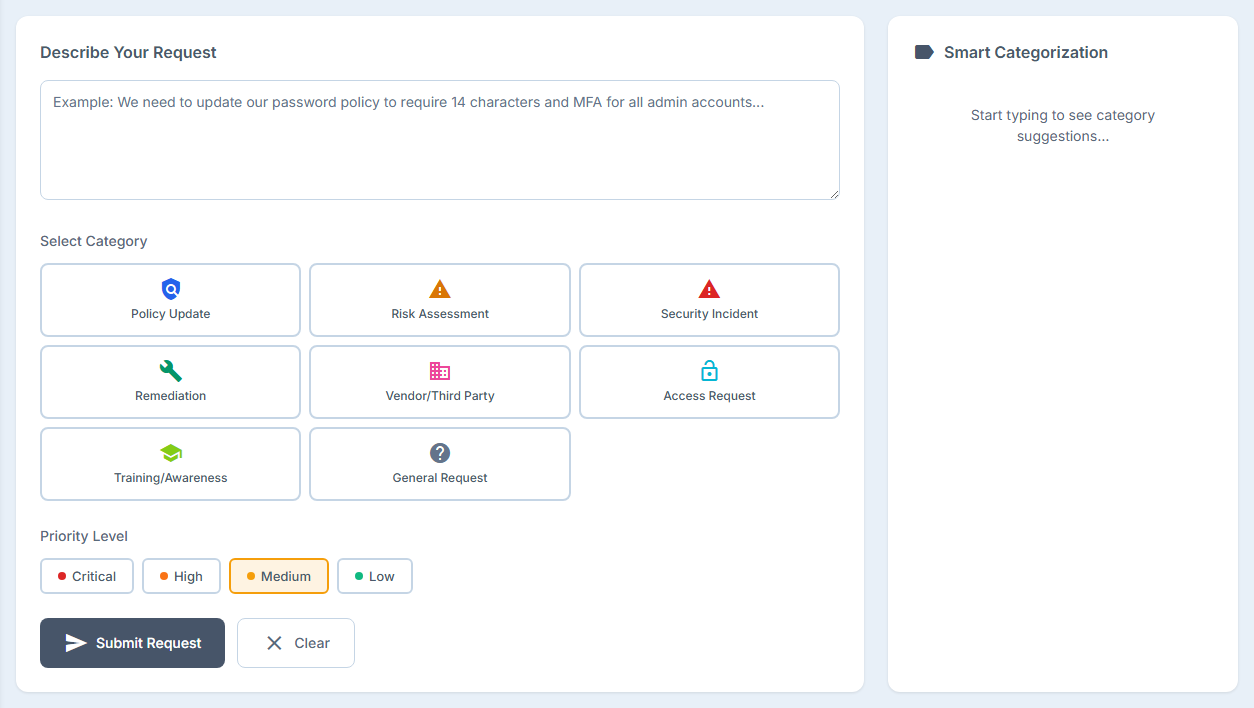 The Smart Request Intake page: a free-text box headed "Describe Your Request", a grid of eight categories below it, and a priority selector.