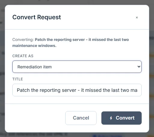 The convert dialog: "Create as" with the classified type pre-selected, and an editable title.