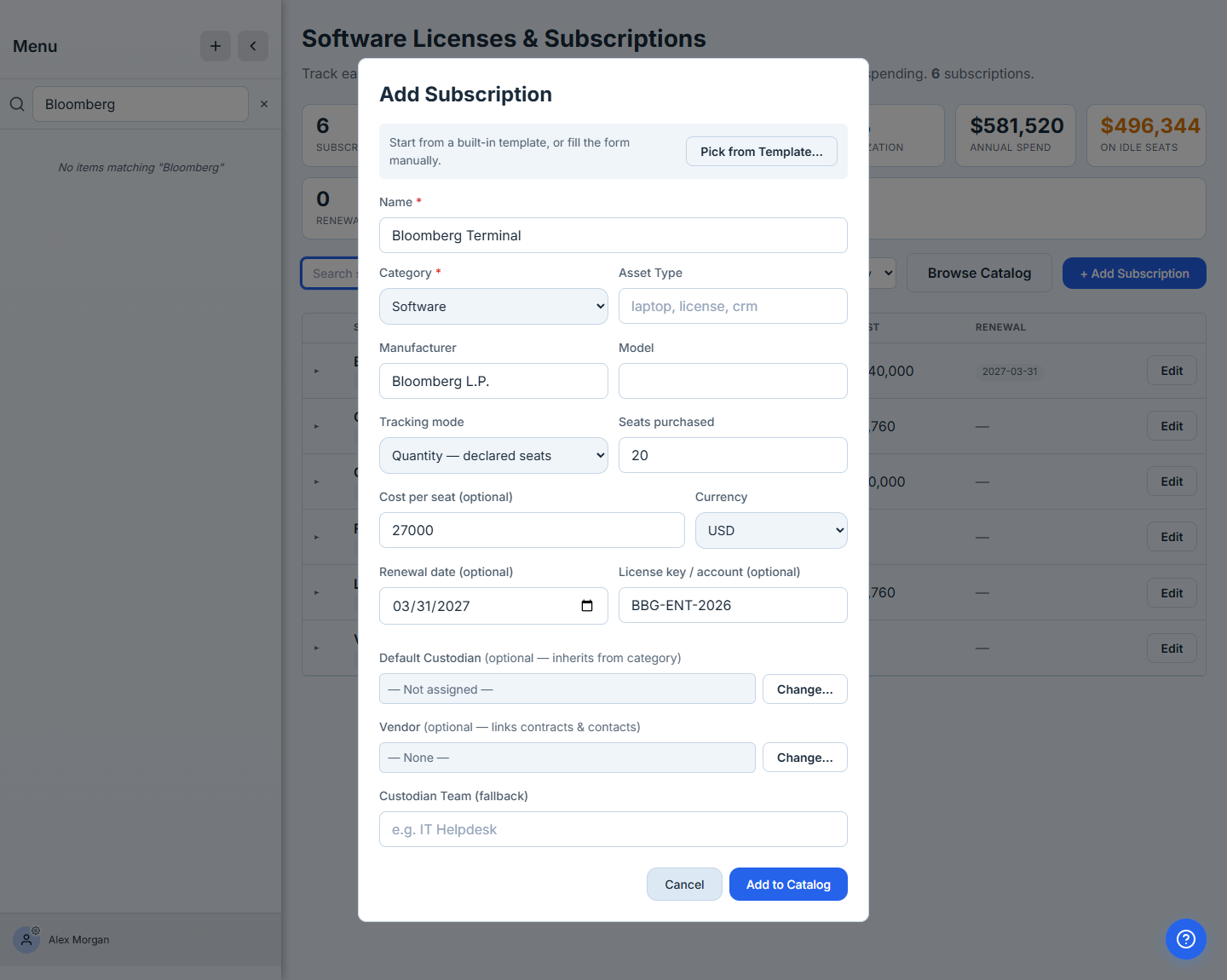 The Add Subscription form — Bloomberg Terminal, Tracking mode "Quantity — declared seats", Seats purchased 20, Cost per seat, Renewal date, all in one form.