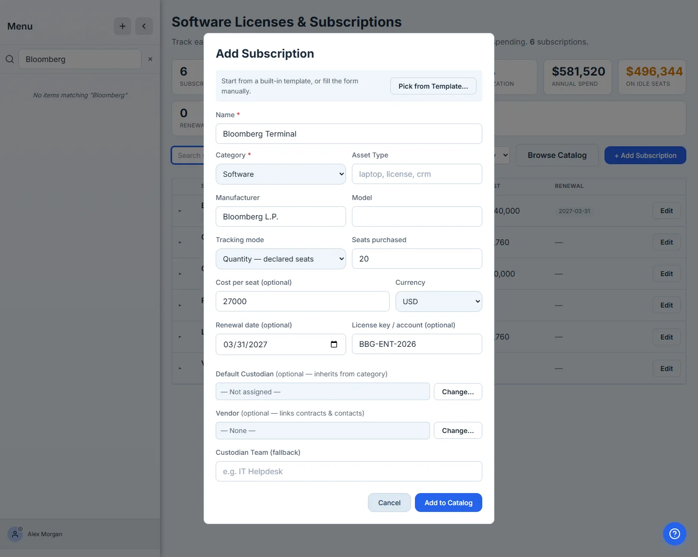 The Add Subscription form — Bloomberg Terminal, Tracking mode "Quantity — declared seats", Seats purchased 20, Cost per seat, Renewal date, all in one form.