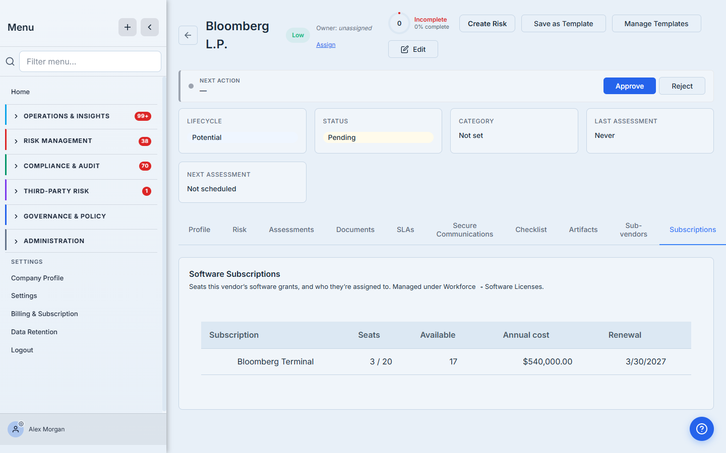 A vendor detail page, Subscriptions tab — that vendor's licensed software with seats assigned/total, annual cost, and renewal date, linking to Software Licenses.