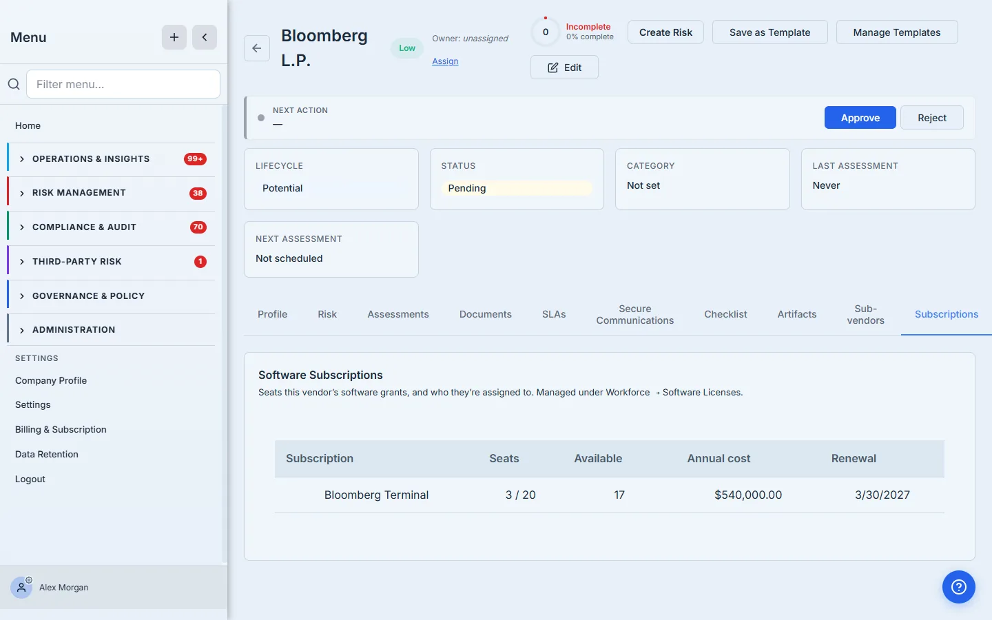 A vendor detail page, Subscriptions tab — that vendor's licensed software with seats assigned/total, annual cost, and renewal date, linking to Software Licenses.