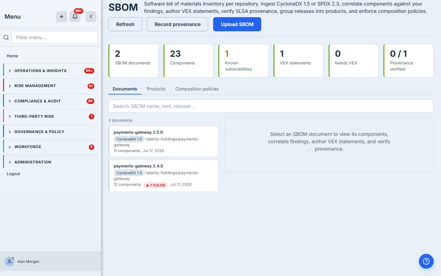 The SBOM page: six summary cards (documents, components, known vulnerabilities, VEX statements, needs-VEX, provenance verified) above the ingested-document list.