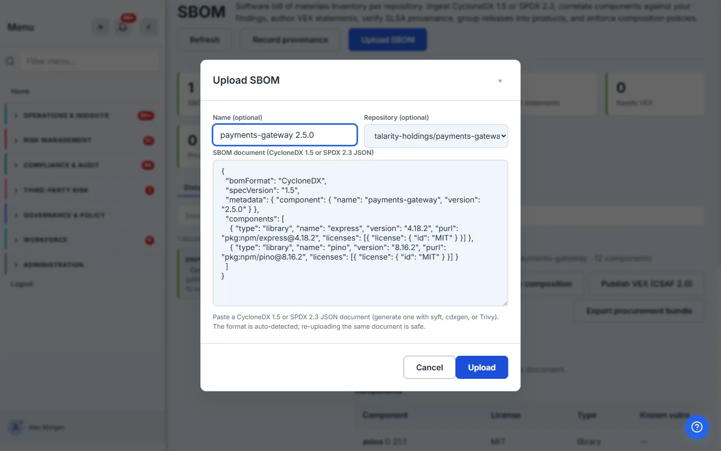The Upload SBOM modal: a repository picker, an optional name, and a paste area for the CycloneDX or SPDX JSON.