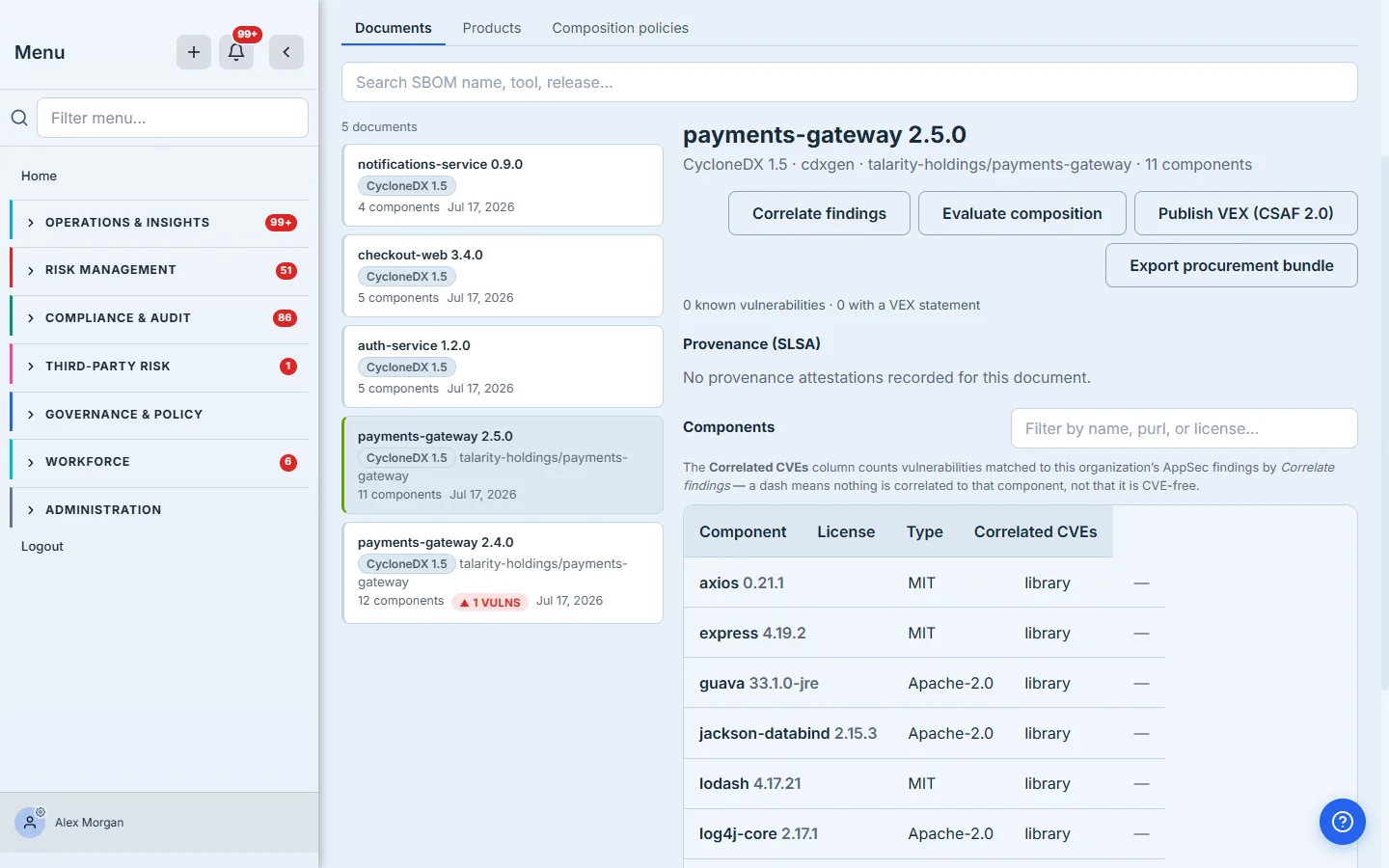 After ingest, the release appears as a document with its parsed component inventory.
